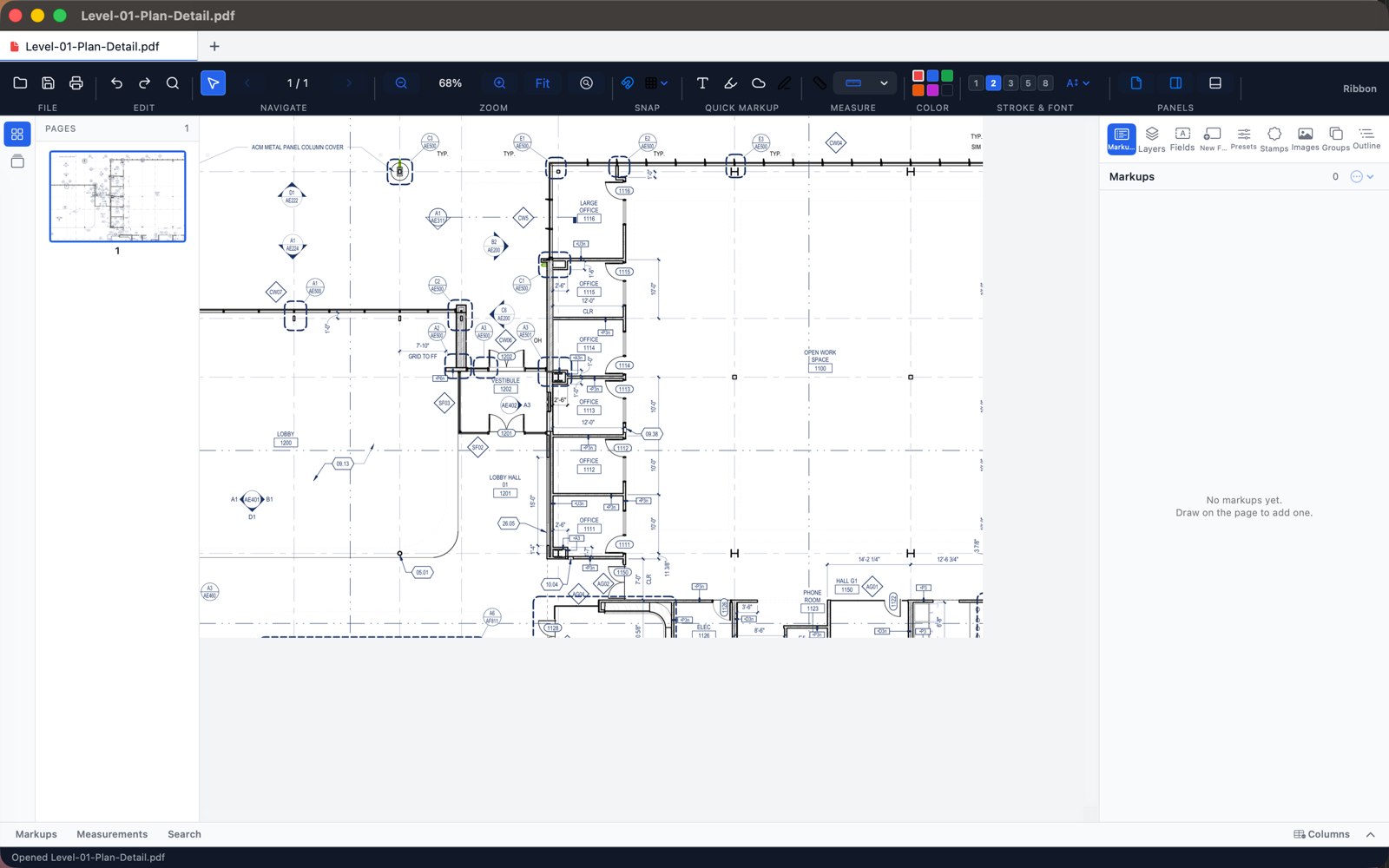 Marque Pro for Mac — a floor plan open with the classic toolbar, page thumbnails, and the markups panel